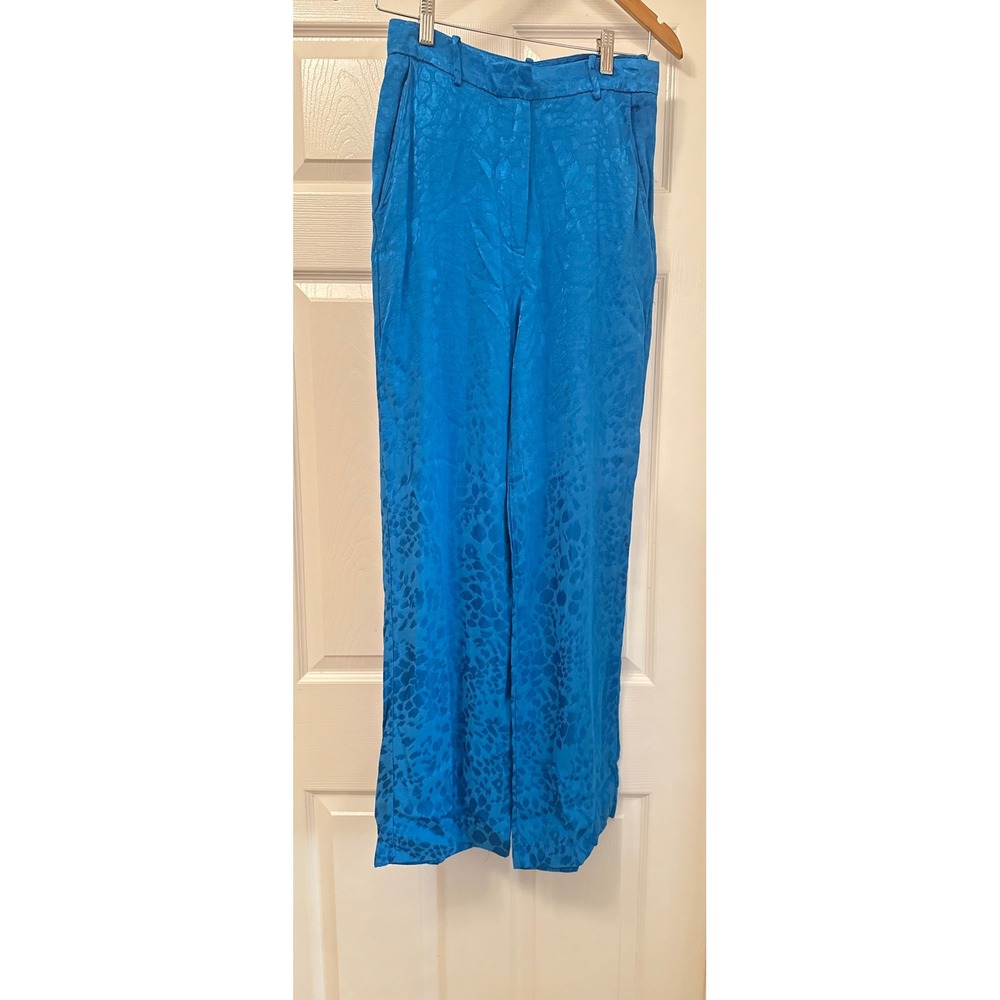 Zara Trousers Womens Small Blue Jacquard Animal Print High Rise Wide Leg Pants